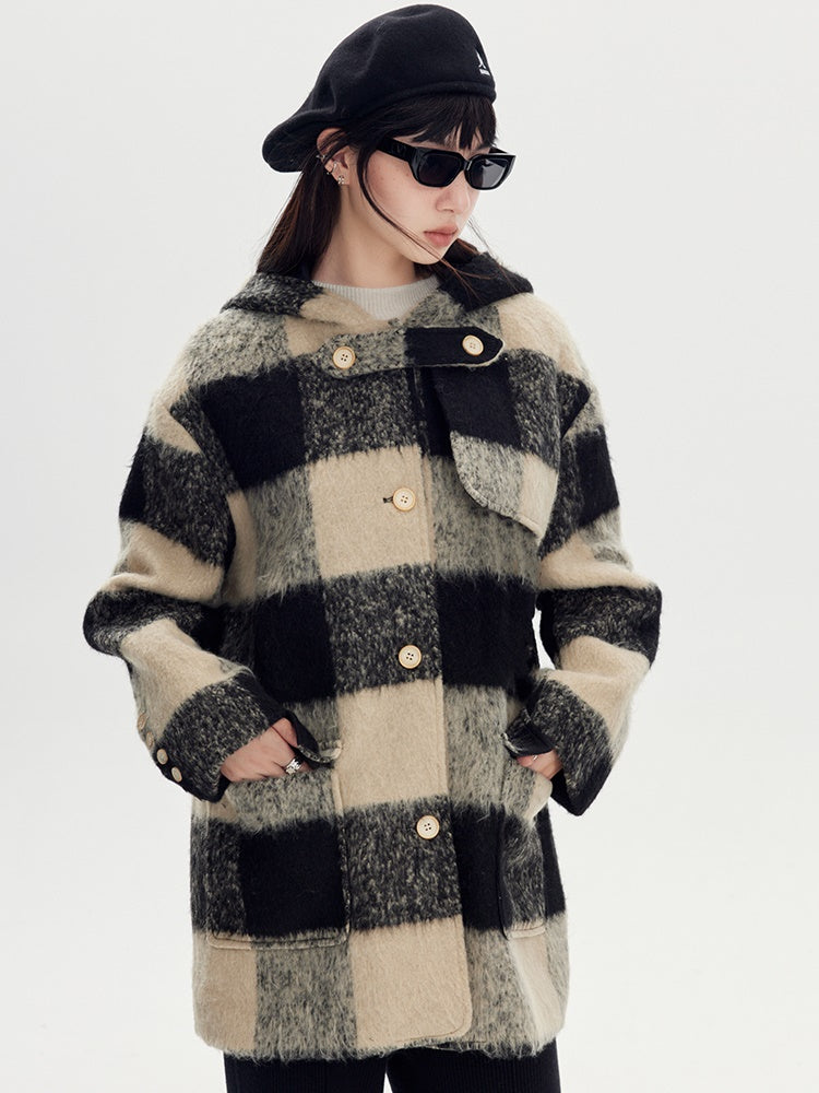 Retro Plaid Wool Hooded Coat