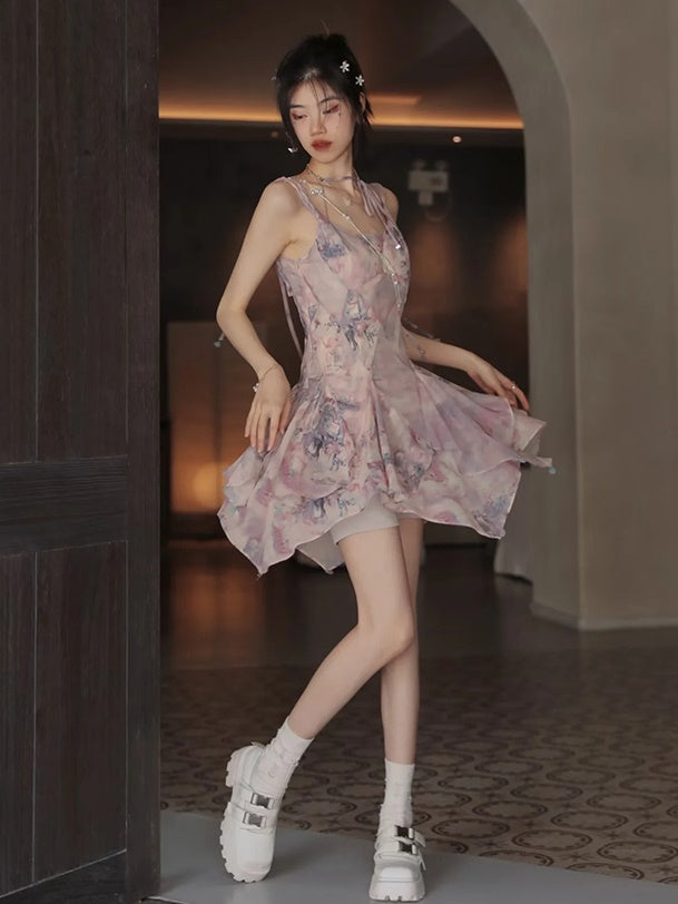 Oil Painting Printed Suspender Dress ＆ Mesh Pleat Dress ＆ Shirt Cardigan