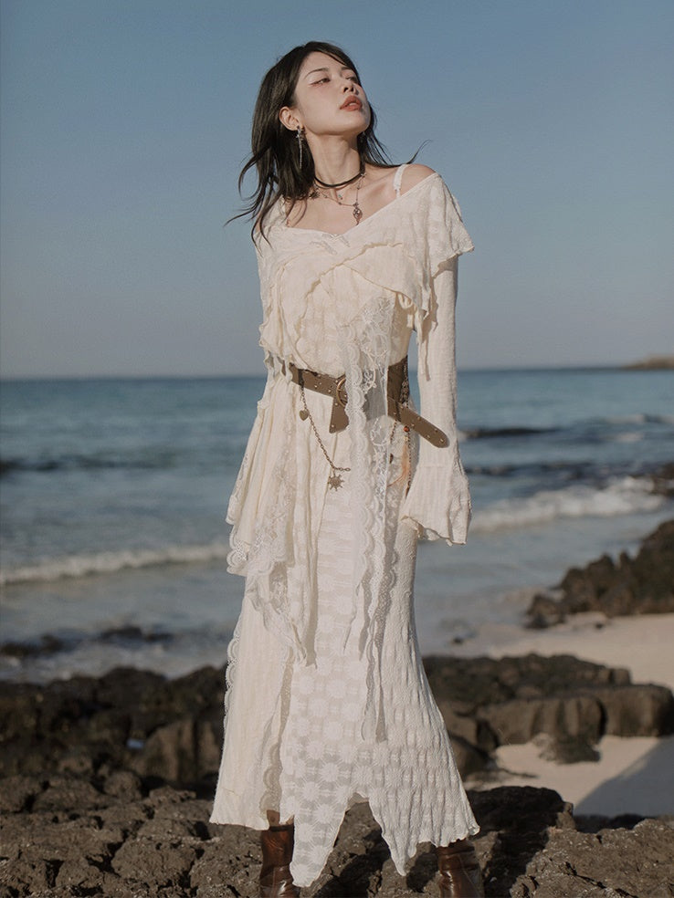 Fairy Style Mermaid Slip Dress ＆ Asymmetry Lace Top ＆ Belt