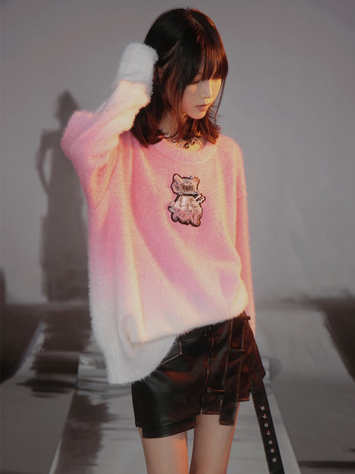 Gradient Embroidered Cat Sweater