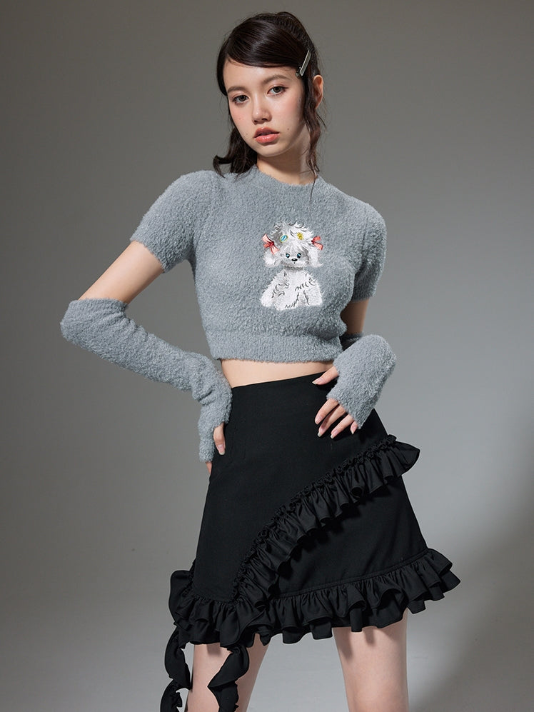 Puppy Embroidered Short Sleeve Knit Sweater