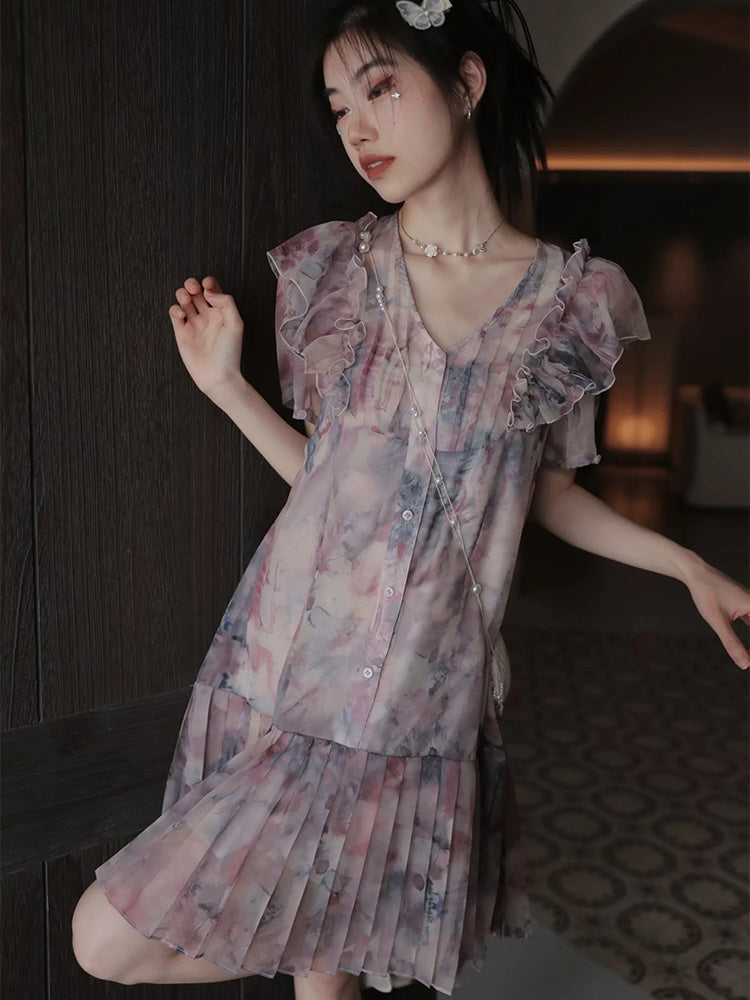 Oil Painting Printed Suspender Dress ＆ Mesh Pleat Dress ＆ Shirt Cardigan