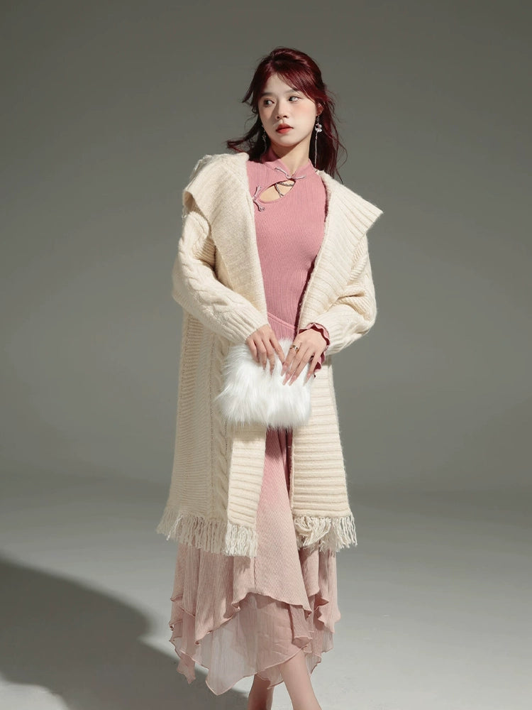 Loose Large Lapel Twist Long Knitted Jacket