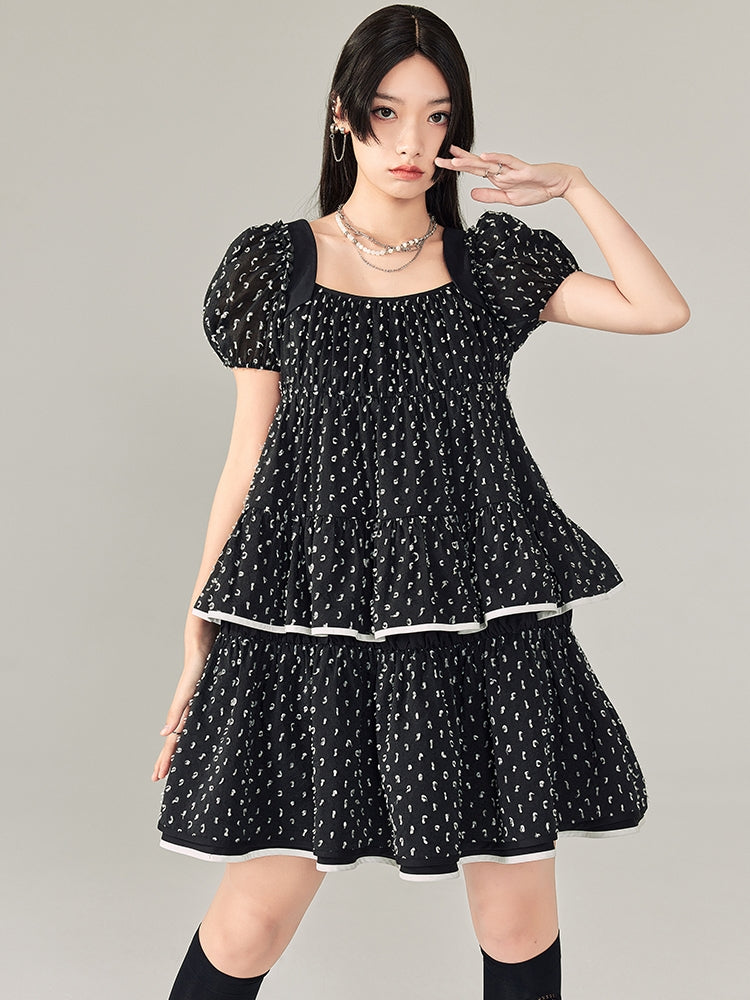 Puff Sleeves Polka Dot Short Dress