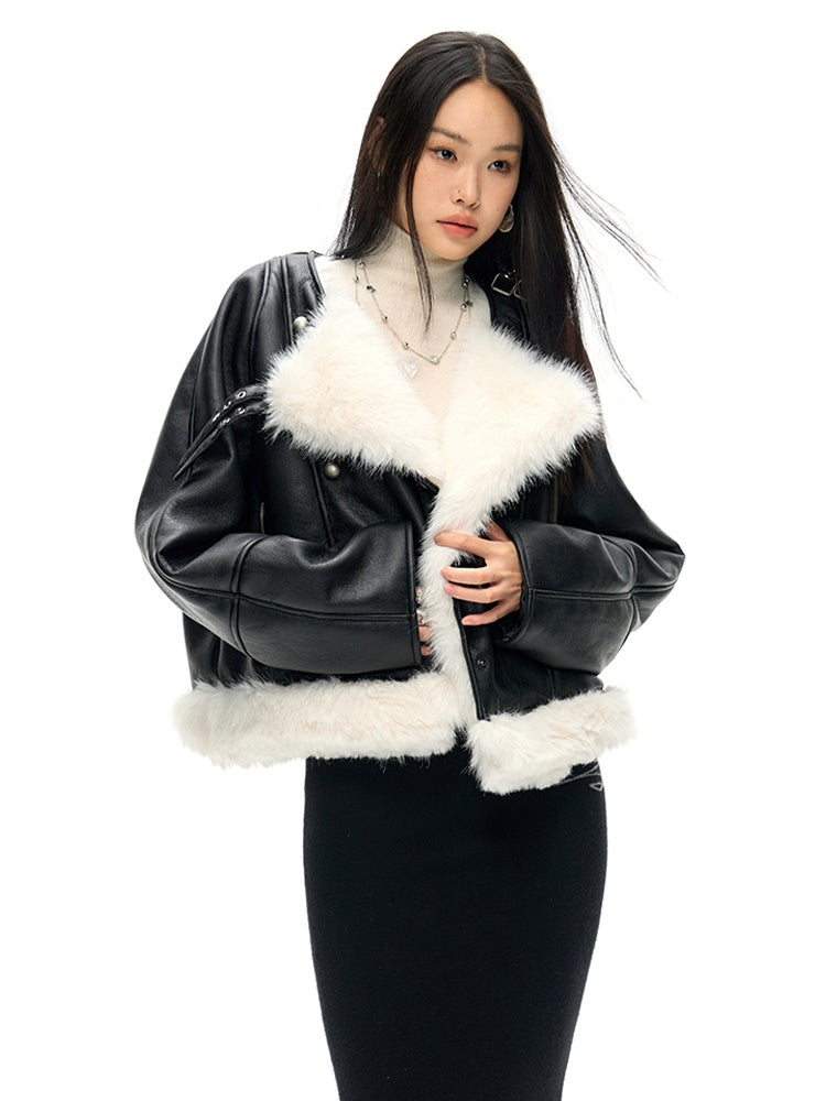 Large Lapel Eco-friendly Fur Leather Jacket