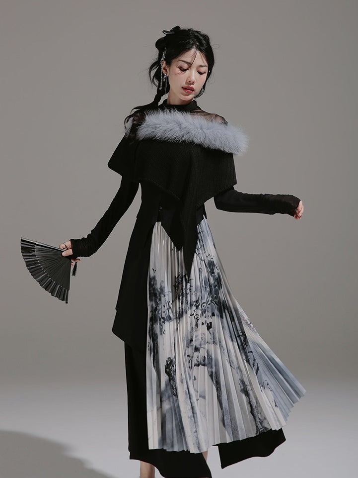 Chinese Ink Pleated Skirt & Shawl & Asymmetry Design Top