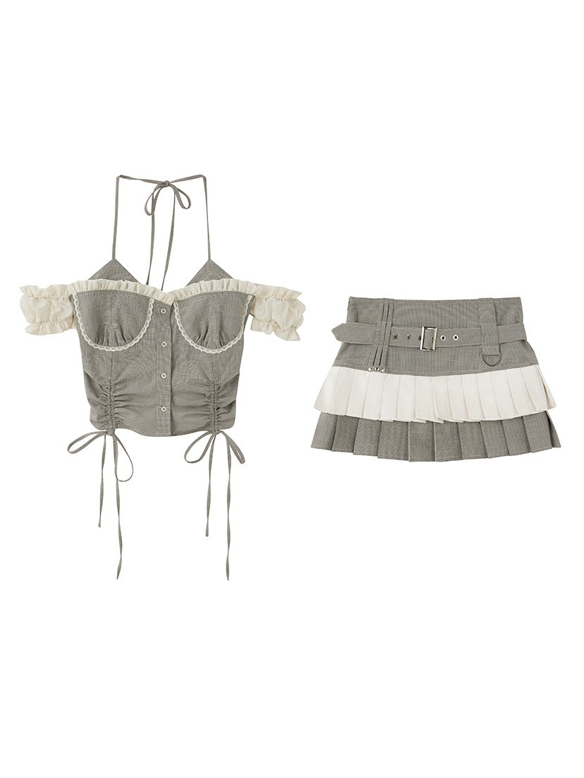 Halter Neck Suspender Top & Short Pleated Cake Skirt