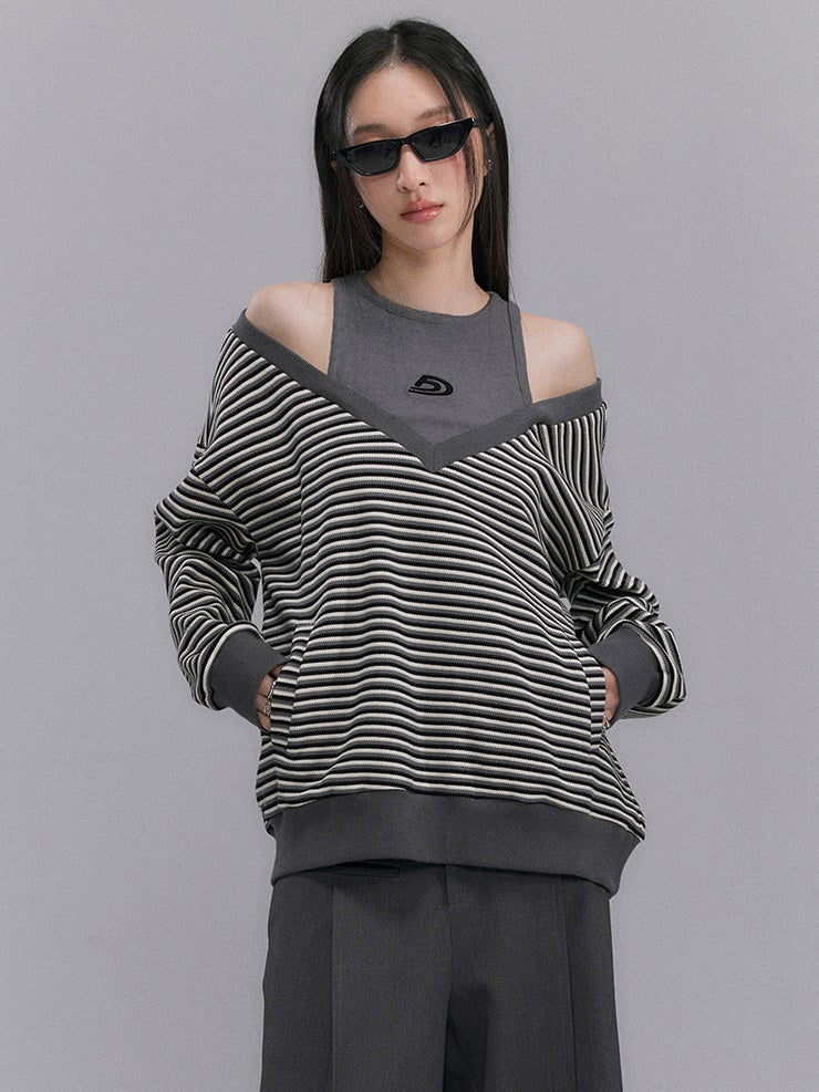 Striped Cut-Shoulder V-neck Pullover