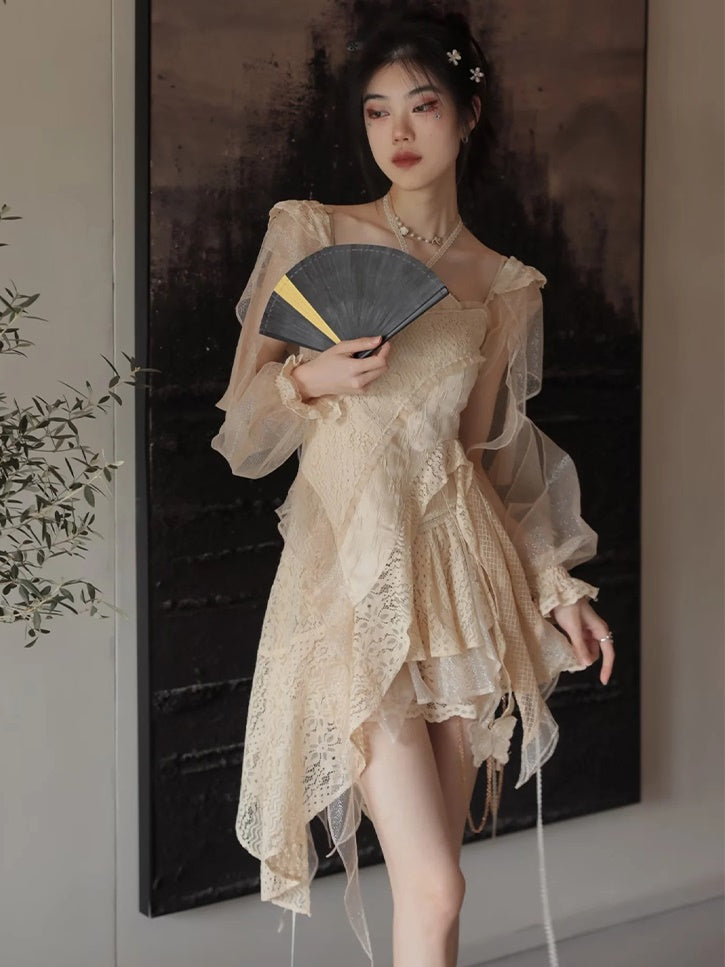 Lace Asymmetry Long Camisole Top ＆ Cake Culottes Skirt & Shawl Top