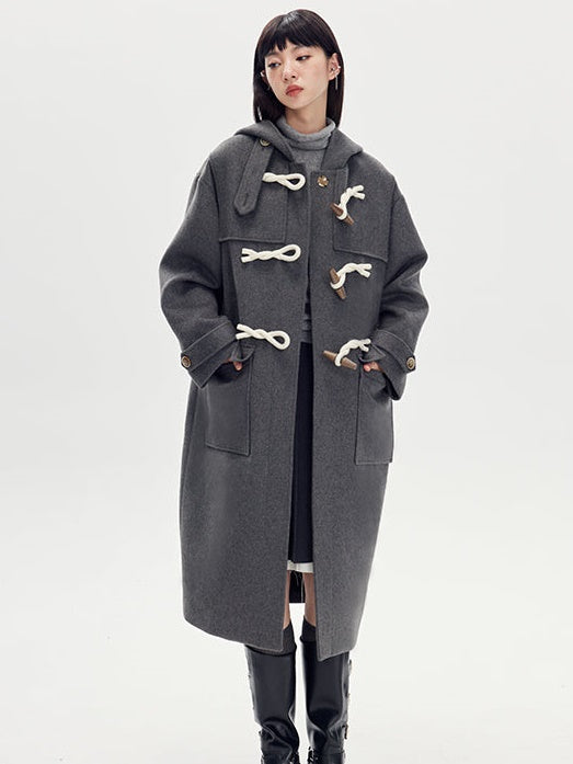 Horn Buckle Hooded Long Woolen Coat