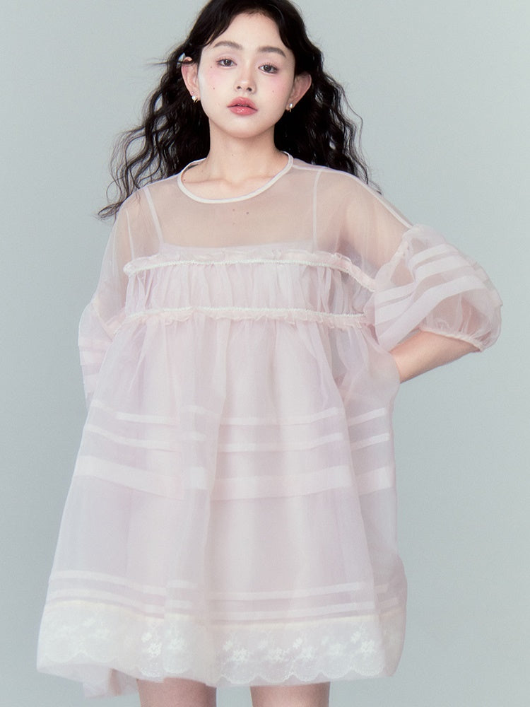 A-line Mesh Sheer Lace Hem Dress