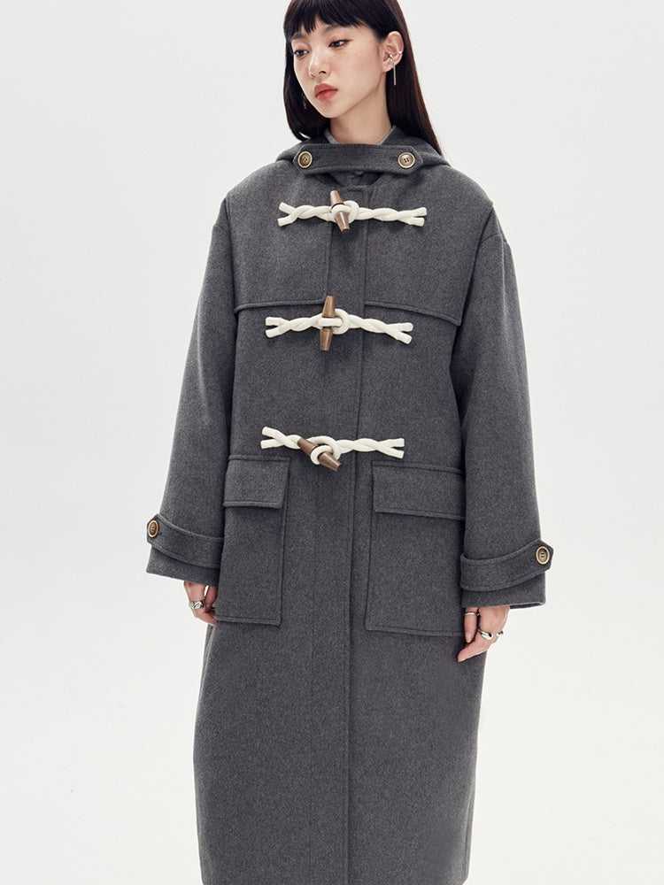 Horn Buckle Hooded Long Woolen Coat