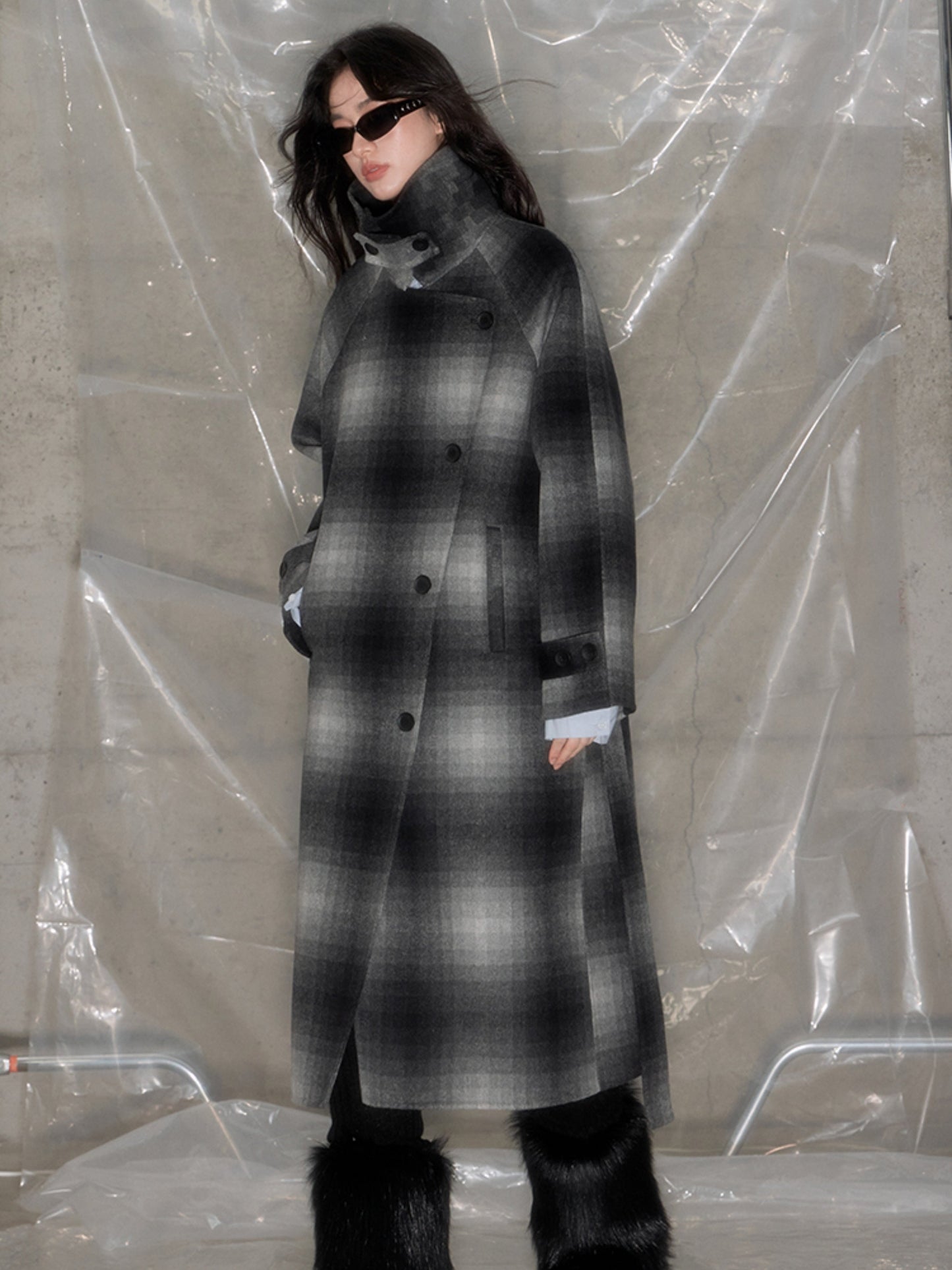 Mosaic Plaid Double-sided Wool Blend Coat