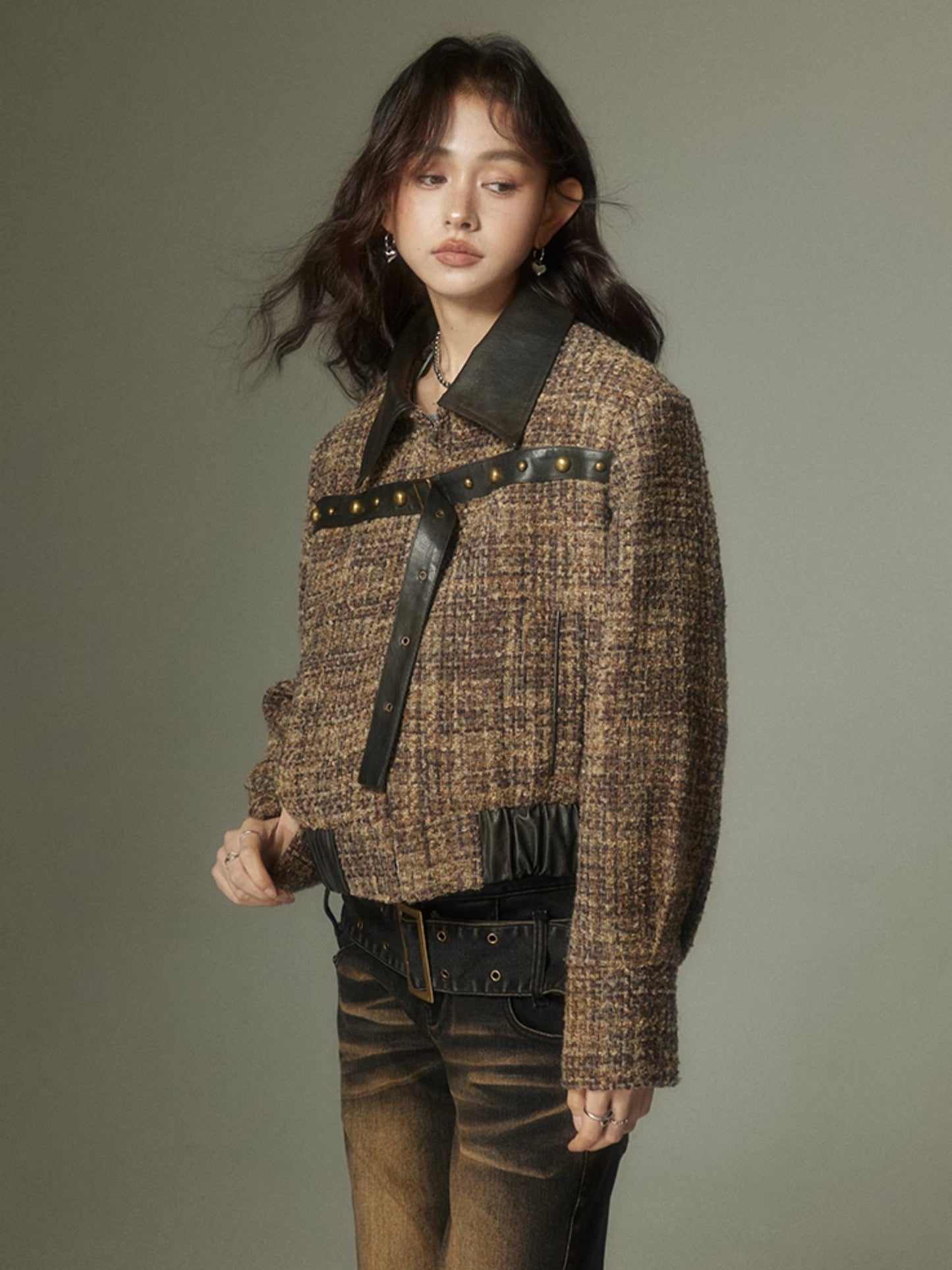 Plaid Splicing Leather Small Fragrant Style Jacket