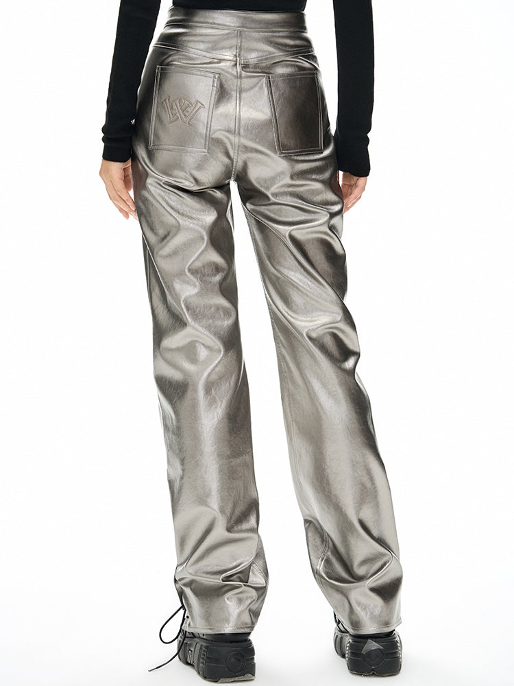 V-shaped High Waist Metallic Leather Pants