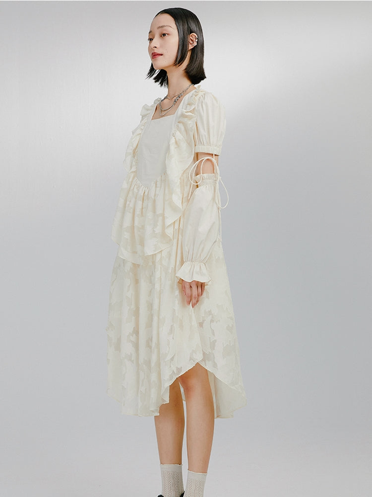 Detachable Sleeve White Long Sleeve Irregular Dress