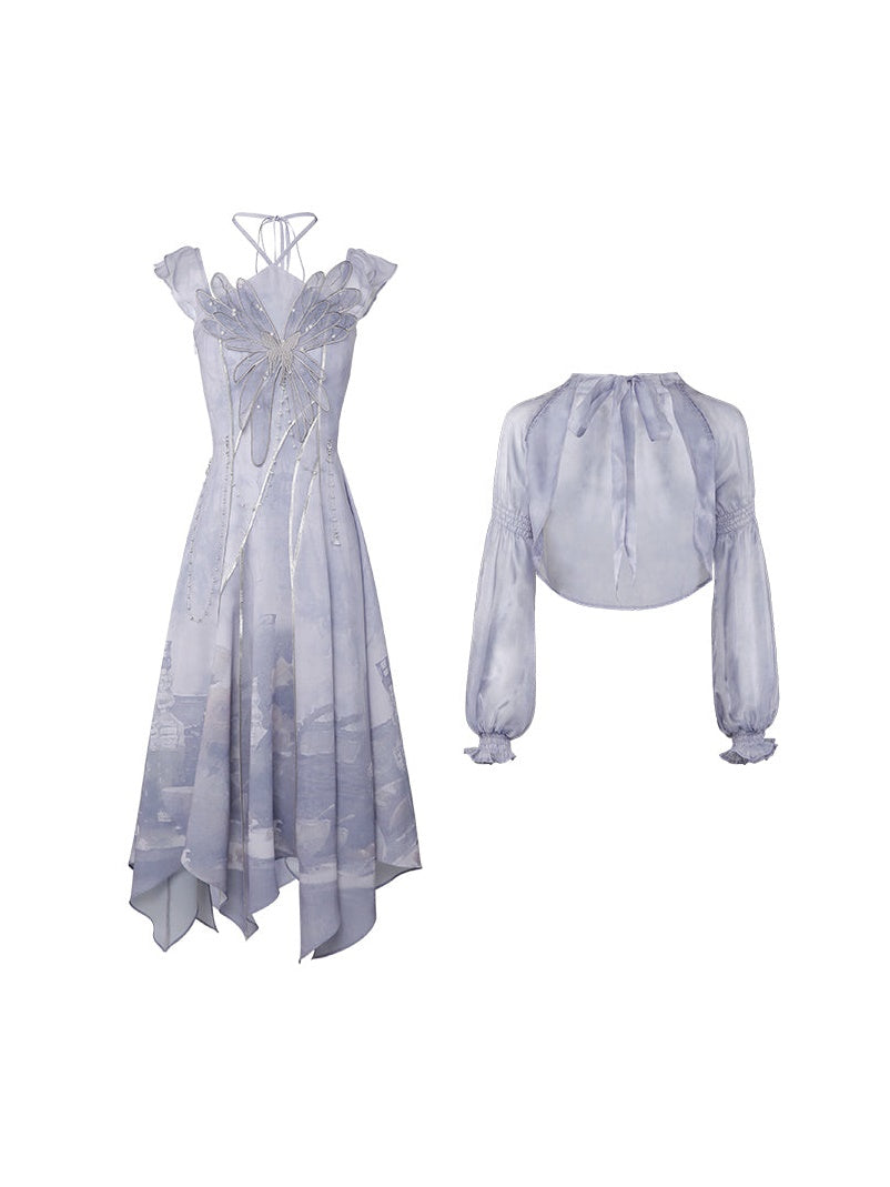 Niche Butterfly Lace Suspender Dress & Sheer Shirt