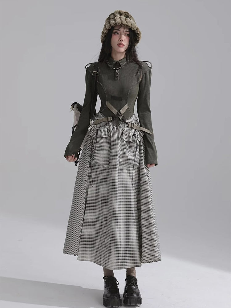 Plaid LongDress & Strap Design Jacket