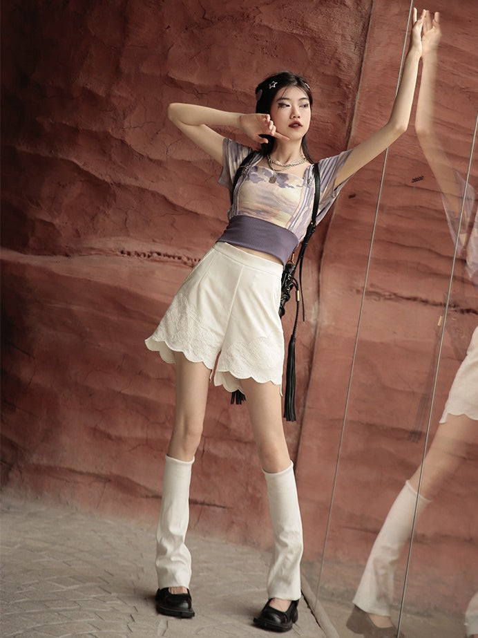 Print Cropped Top & Suspender Tulle Skirt