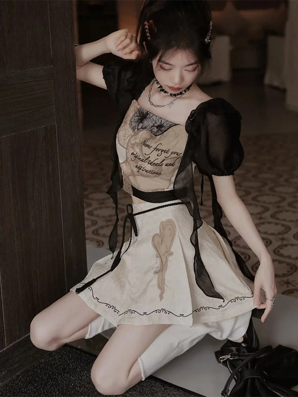 European-style Lace Embroidery Top ＆ Pleat Skirt