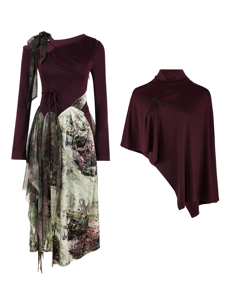 One-Shoulder Switching Forest Dress ＆ Velvet Cape