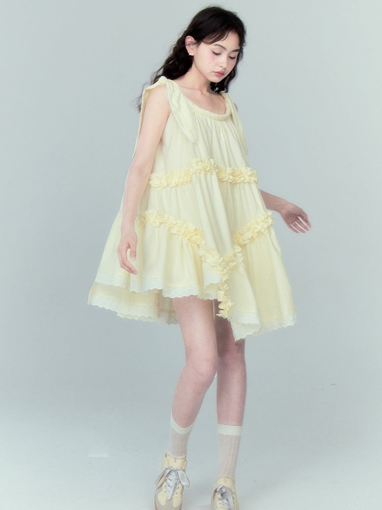 Lotus Leaf Lace Strap Irregular Frill Dress