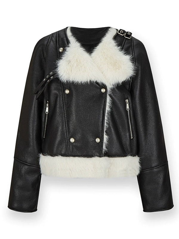 Large Lapel Eco-friendly Fur Leather Jacket