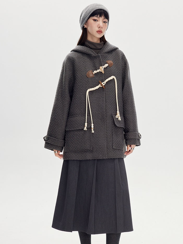 Hooded Horn Buckle Wool Coat