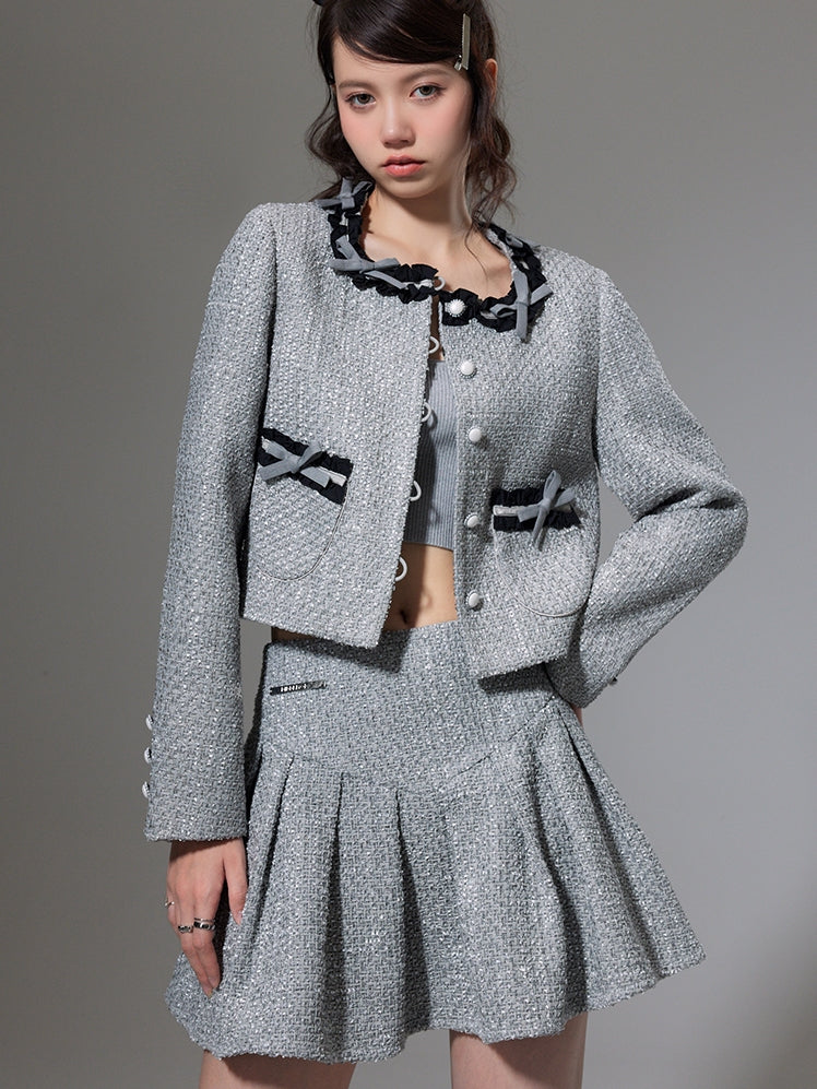 Small Fragrance Bow Cardigan Jacket & Pleated Skirt