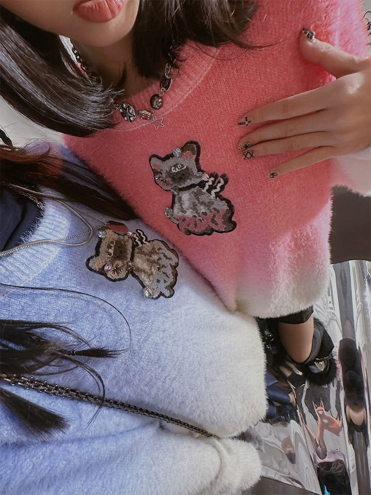 Gradient Embroidered Cat Sweater