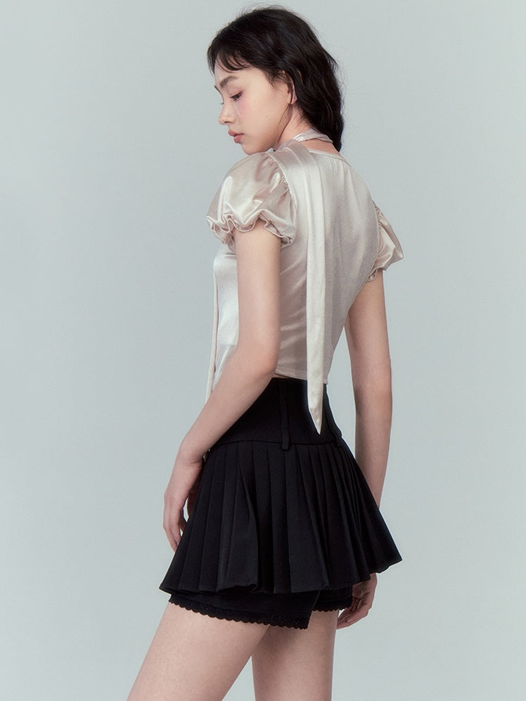 Wrinkled Bud Sleeve Short-sleeved Satin Top