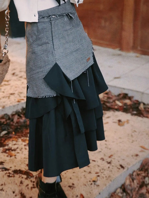 Denim Layered Long Skirt