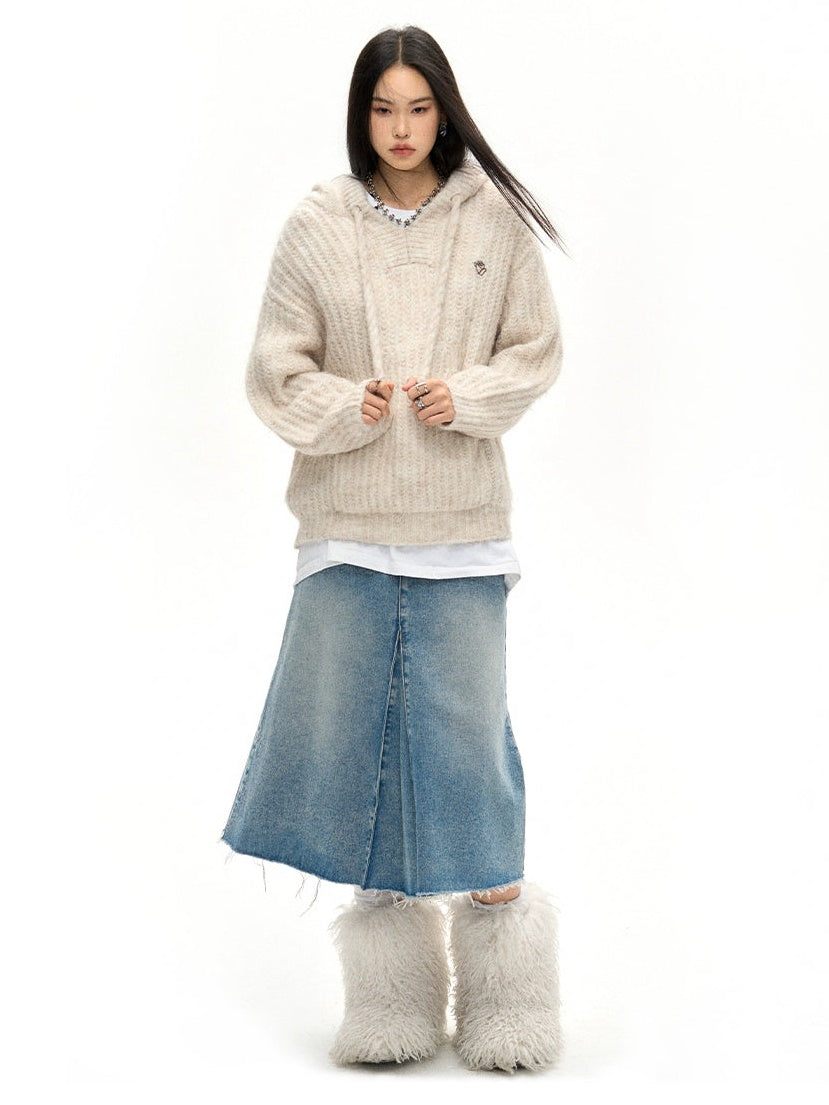 Accordion Hem Raw Edge Denim Skirt