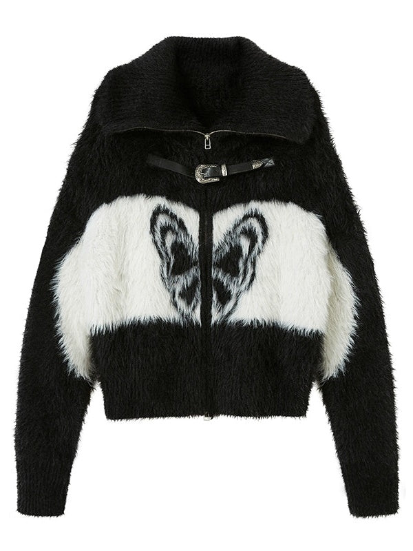 Butterfly Pattern Imitation Mink Knitted Cardigan