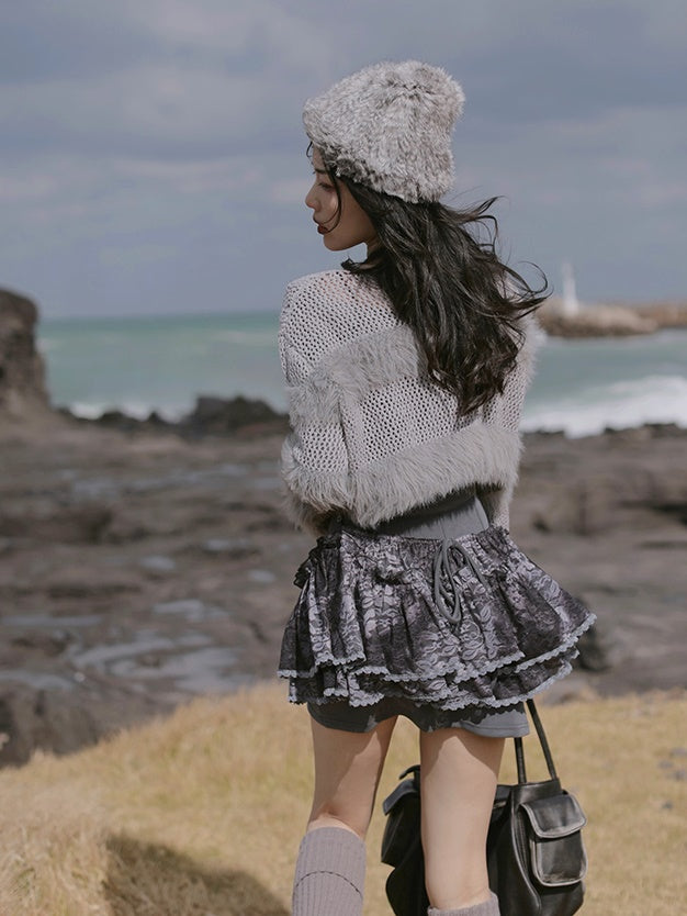 Fluffy Cropped Sweater & Imitation Fur Scarf