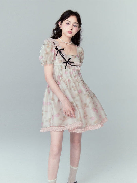 Puff Sleeve Bow Knot Floral Dress