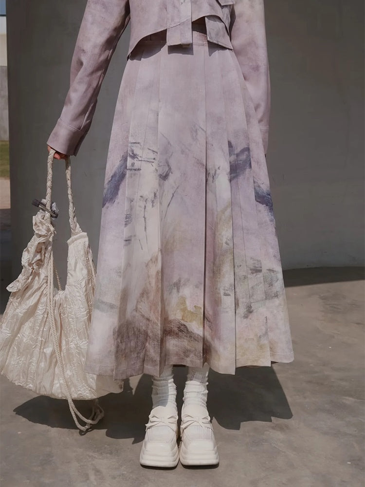 Sakura Oil Painting Printing Shirt & Pleated Skirt