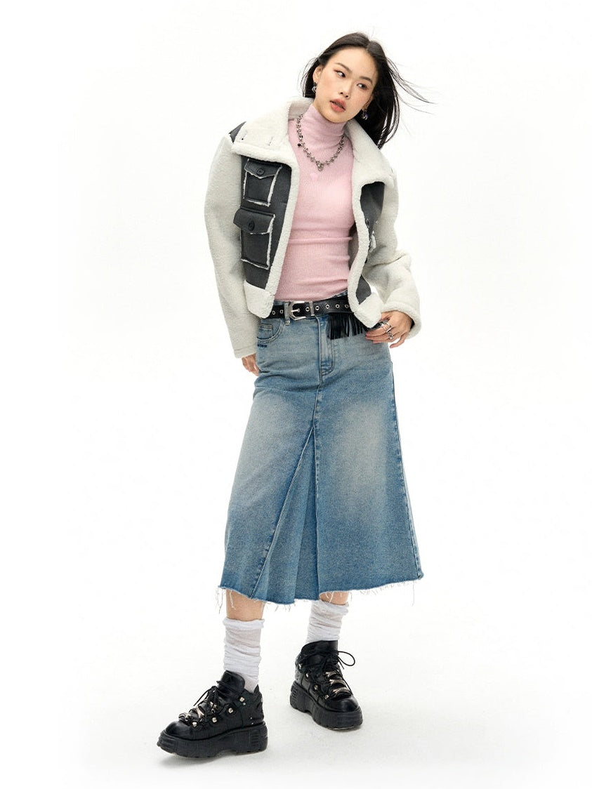 Accordion Hem Raw Edge Denim Skirt