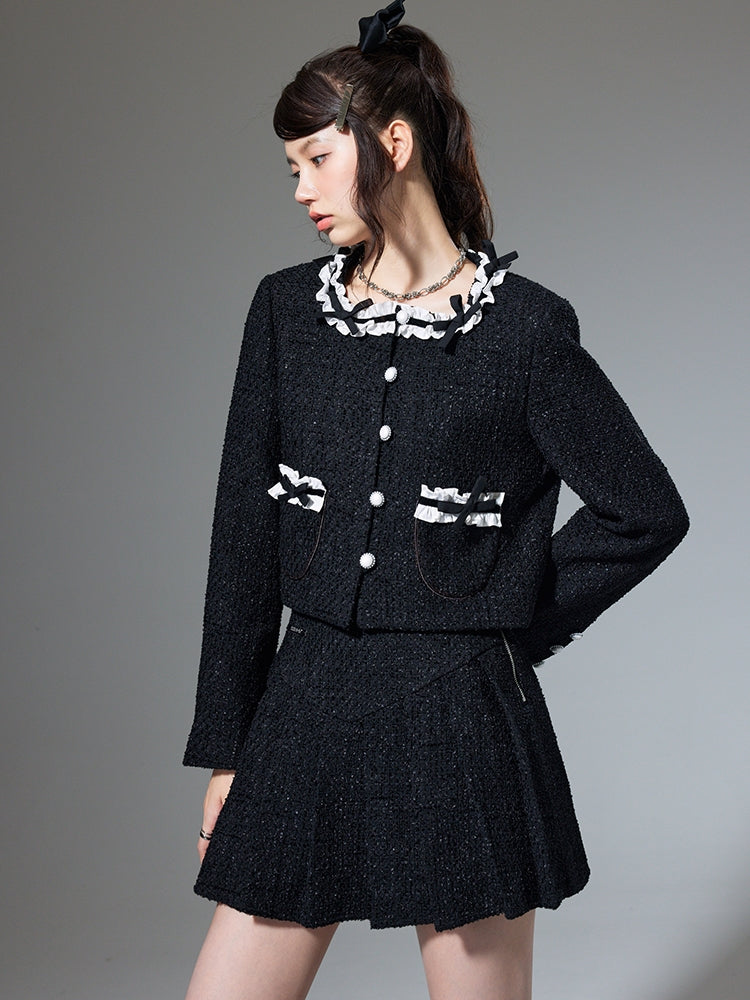 Round Neck Bow Cardigan Jacket & Pleated Skirt