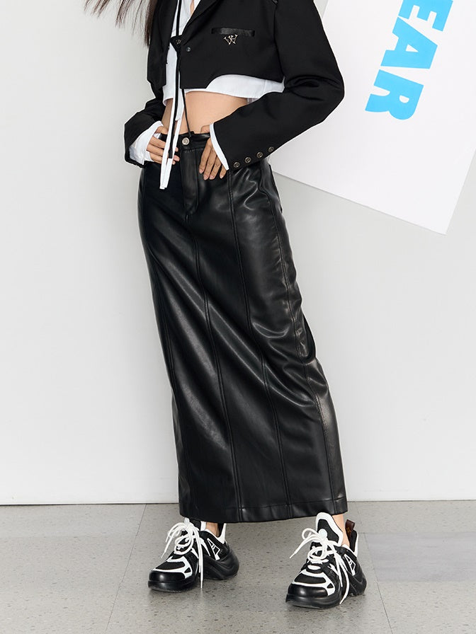 Slits Micro-elastic Leather Skirt