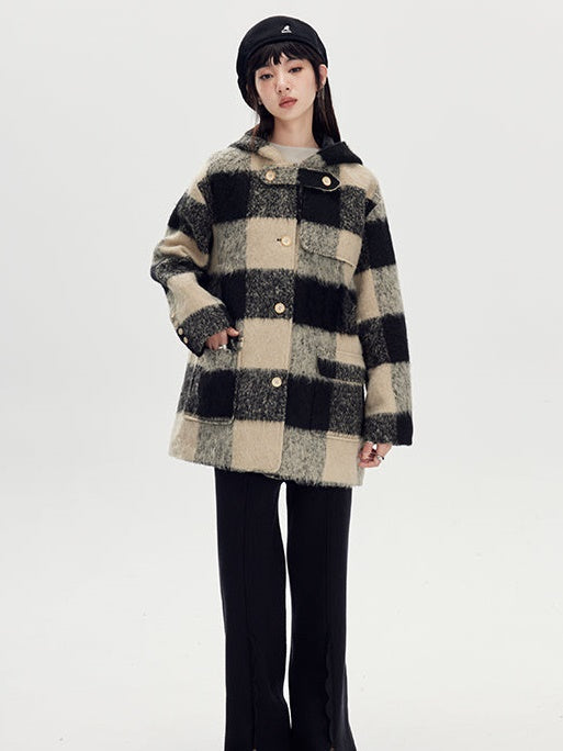 Retro Plaid Wool Hooded Coat