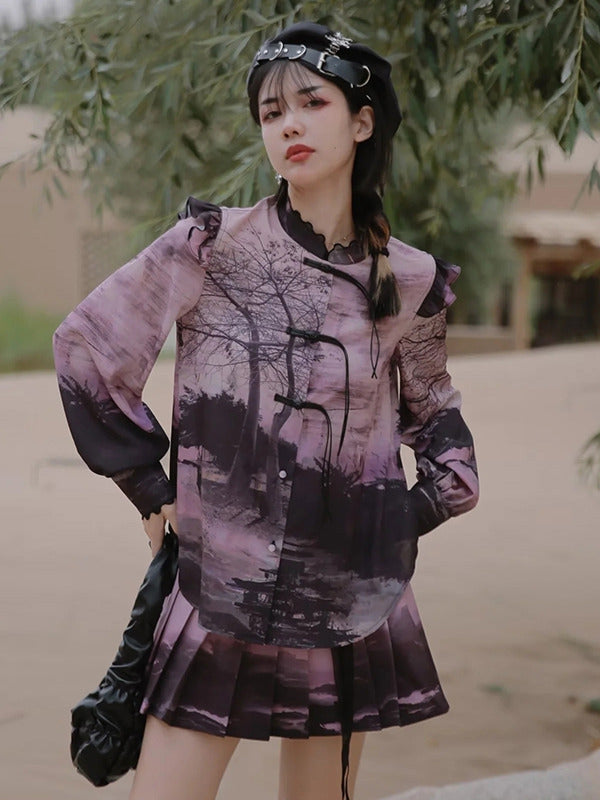 New Chinese National Style Printed Shirt & Skirt