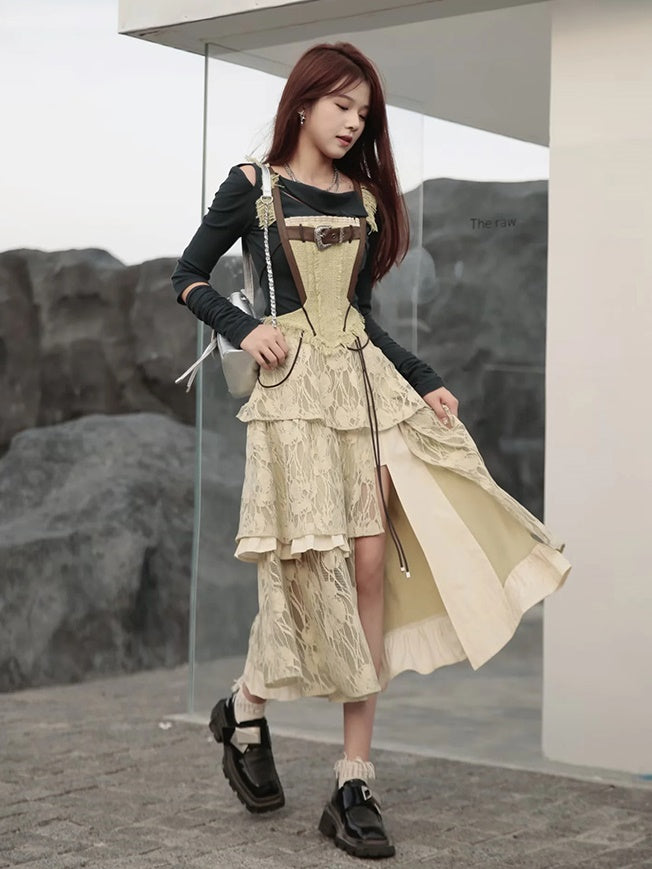 Lace Asymmetry Suspender Skirt & Cut-out Slimming Top