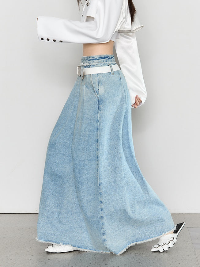 Large Pleated Washed Denim Skirt