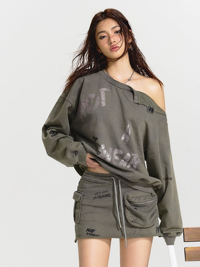 Graffiti Washed Hip Workwear Skirt