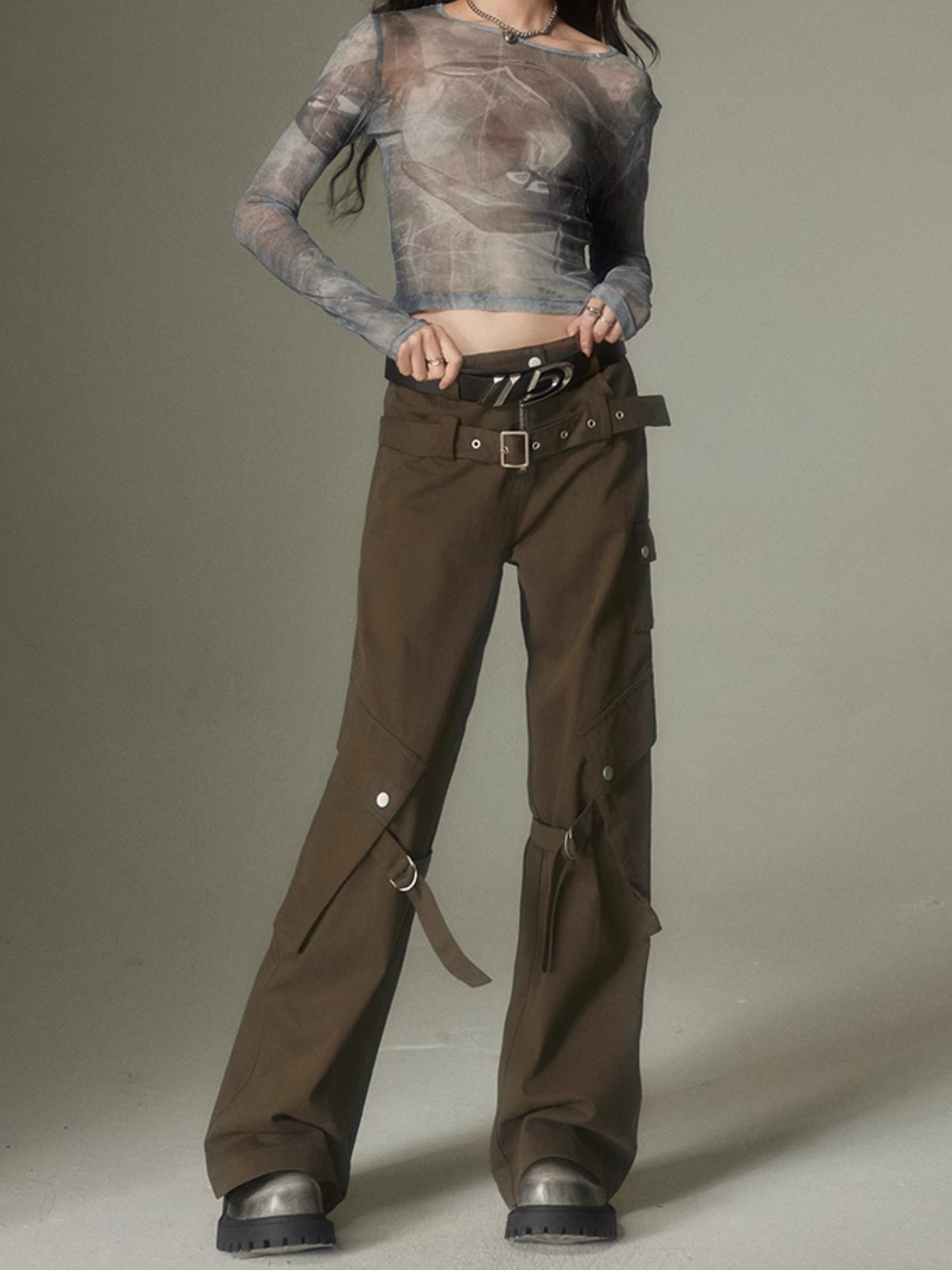 Double Belt Loose Straight Wide Leg Trousers