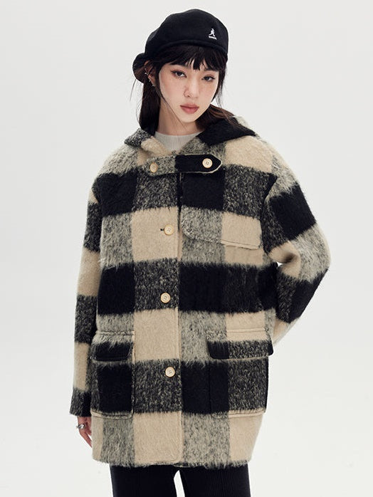 Retro Plaid Wool Hooded Coat