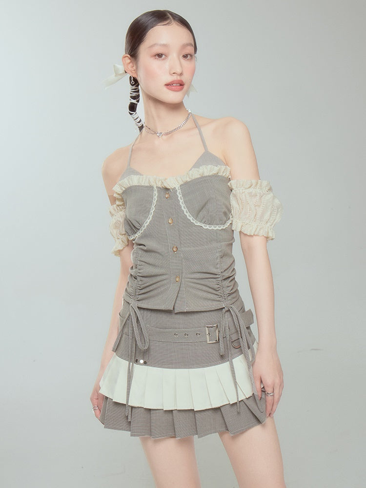 Halter Neck Suspender Top & Short Pleated Cake Skirt