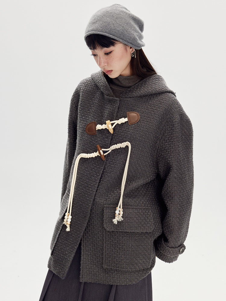 Hooded Horn Buckle Wool Coat