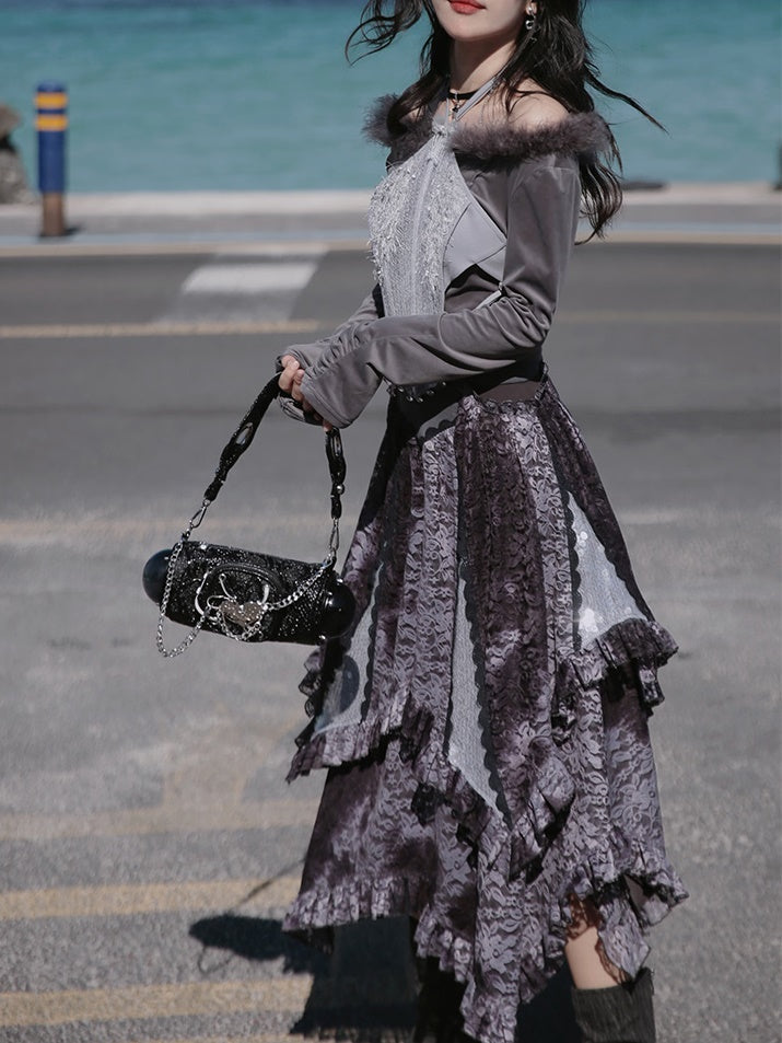 Fur Collar Top ＆ Halter-neck Vest ＆ Cut Lace Skirt